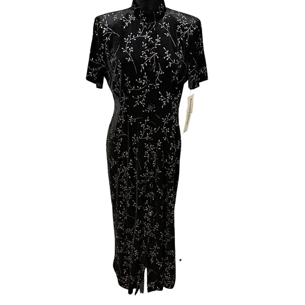 Another Thyme Velvet‎ Maxi Dress 14 Black Floral Glitter Mandarin Collar Formal